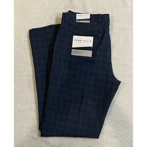 NWT Perry Ellis Folio-Flex Men 33x32 Stretch Dress Pants Blue Windowpane‎ Plaid